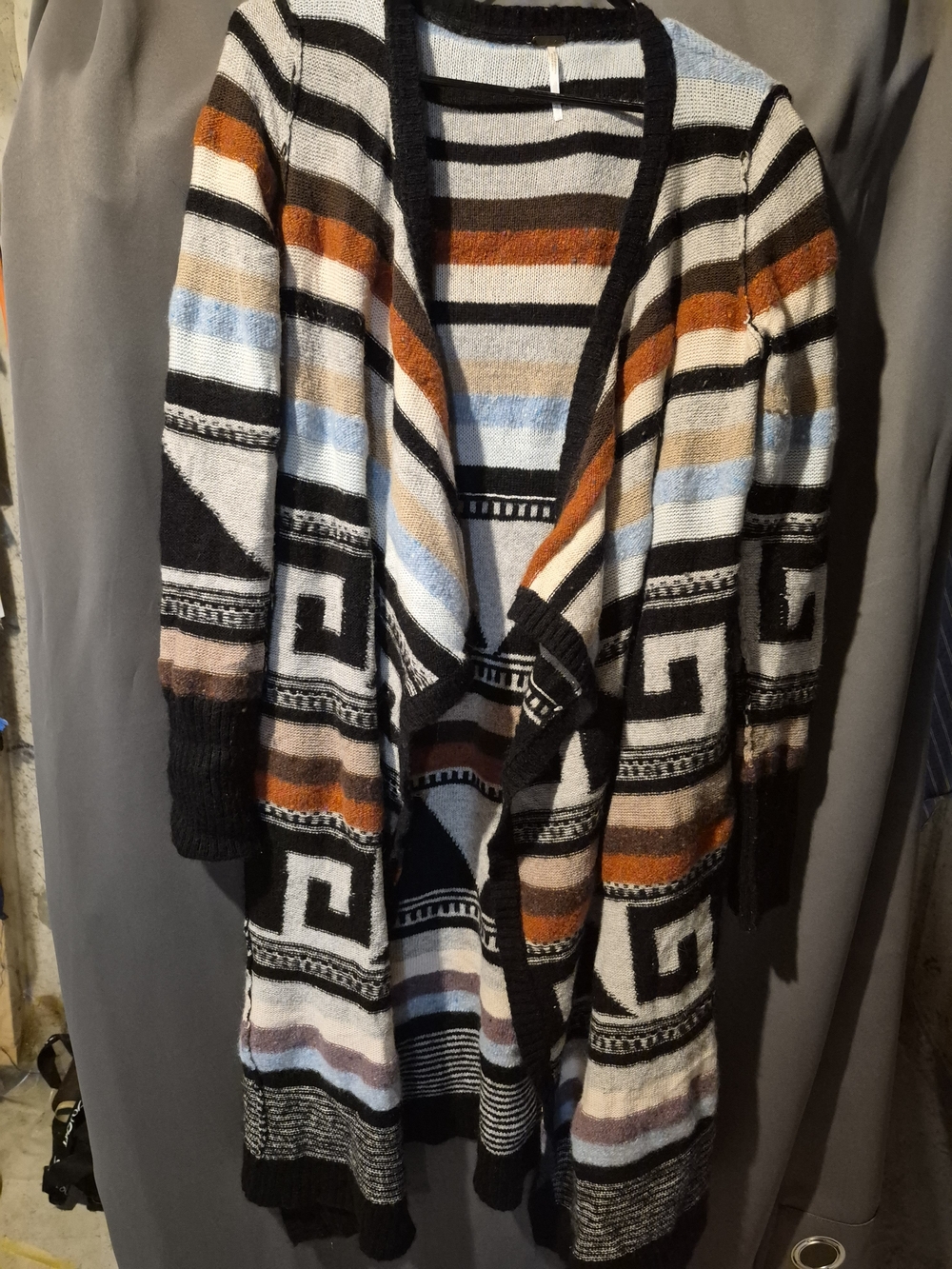 Free People Striped Geometric Open-Front Cardigan in Black, Cream, Rust, Blue